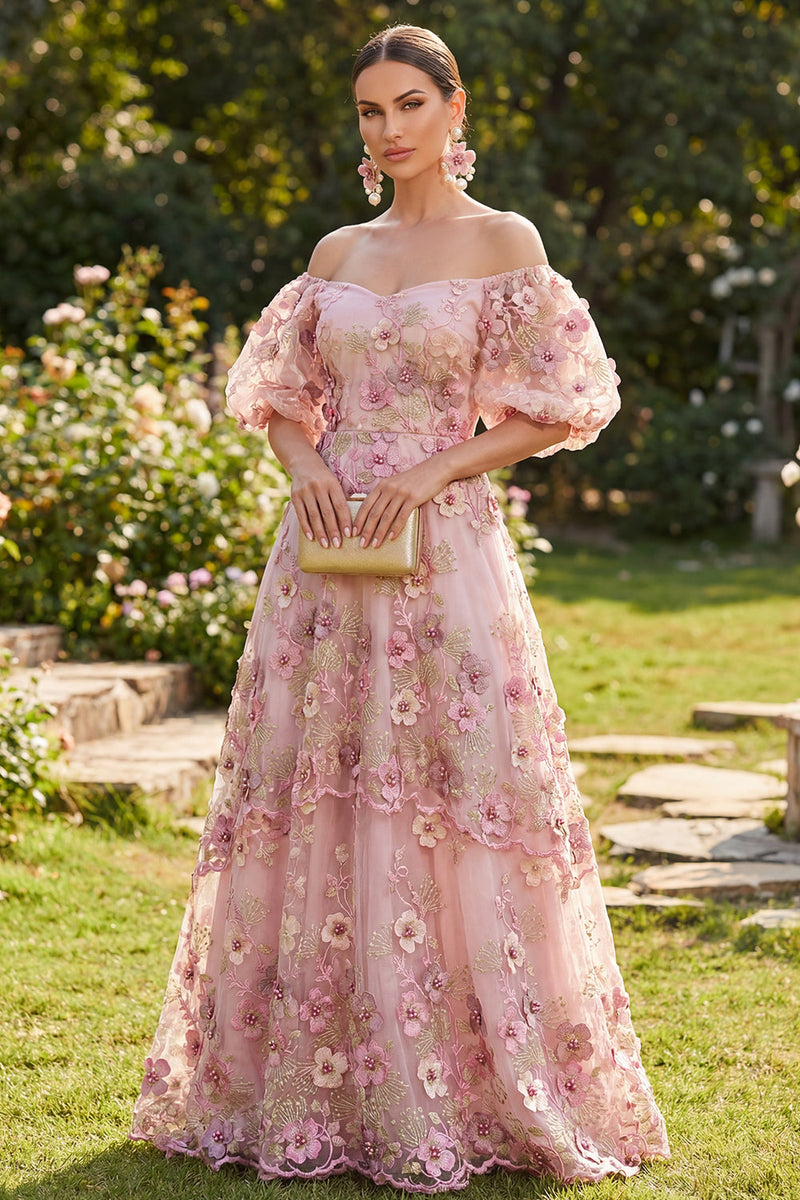 Laden Sie das Bild in den Galerie-Viewer, Off-the-shoulder pinkes, fucsienfarbenes A-Linie-Tuld-Appliquiertes langes Blumenkleid mit Puffärmeln