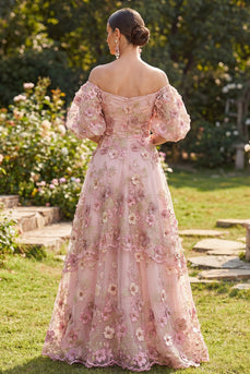 Off-the-shoulder pinkes, fucsienfarbenes A-Linie-Tuld-Appliquiertes langes Blumenkleid mit Puffärmeln