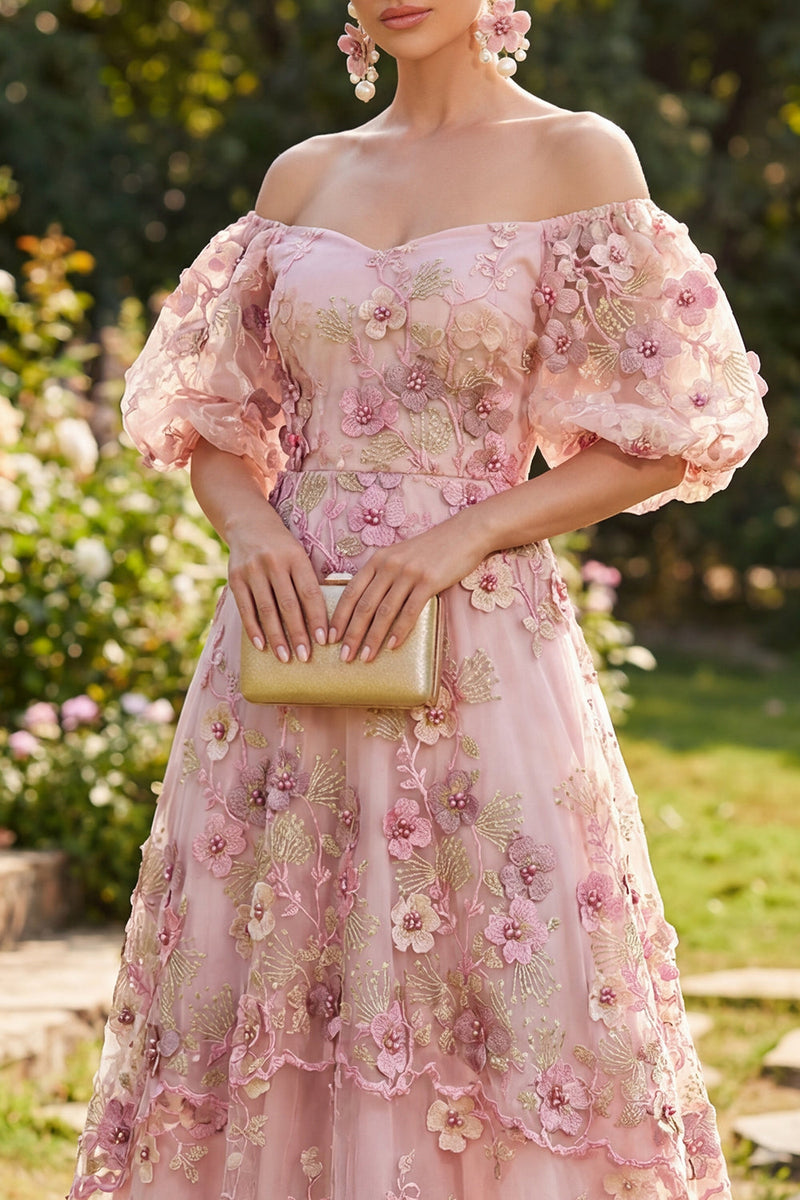 Laden Sie das Bild in den Galerie-Viewer, Off-the-shoulder pinkes, fucsienfarbenes A-Linie-Tuld-Appliquiertes langes Blumenkleid mit Puffärmeln