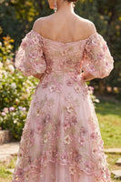 Laden Sie das Bild in den Galerie-Viewer, Off-the-shoulder pinkes, fucsienfarbenes A-Linie-Tuld-Appliquiertes langes Blumenkleid mit Puffärmeln