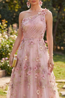 Laden Sie das Bild in den Galerie-Viewer, Ein Schulter-Pink-Fuchsia-A-Linien-Tul-Appliqued, gerafftes langes Blumenkleid