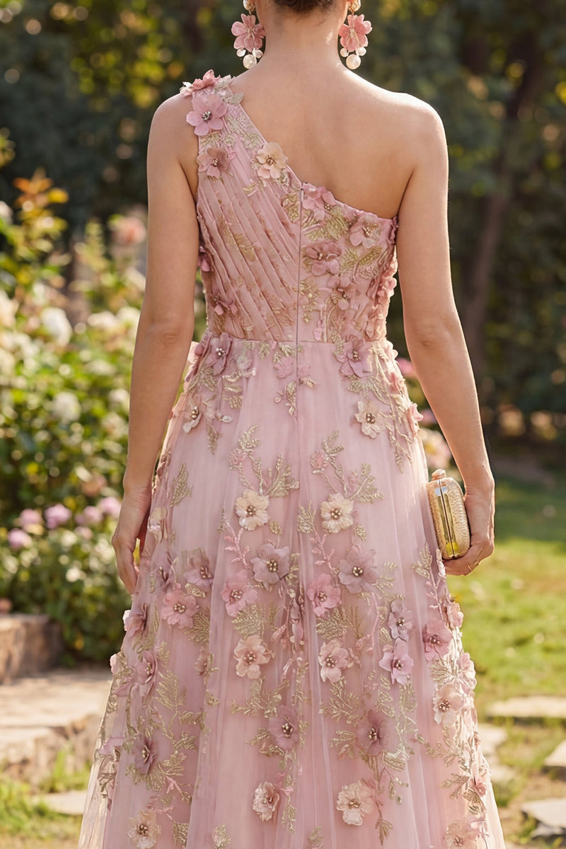 Laden Sie das Bild in den Galerie-Viewer, Ein Schulter-Pink-Fuchsia-A-Linien-Tul-Appliqued, gerafftes langes Blumenkleid