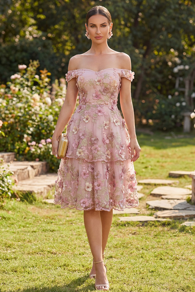 Laden Sie das Bild in den Galerie-Viewer, Rosa fuchsiafarbenes A-Linien-Tüll-Off-the-shoulder-Appliquiertes florales Midi-Kleid