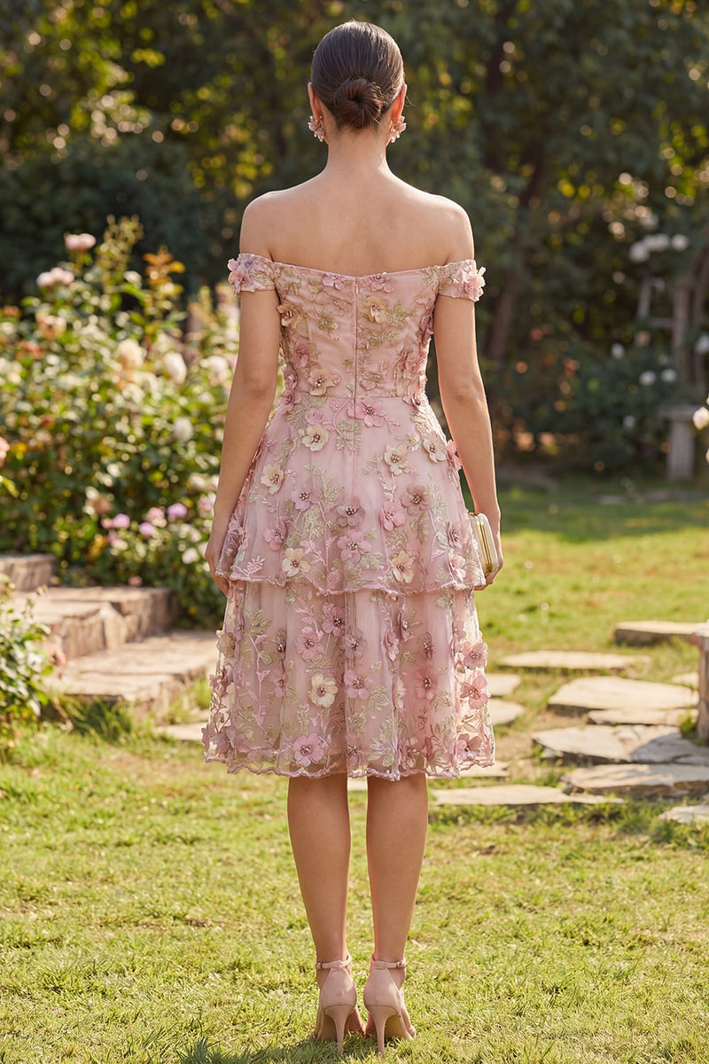 Laden Sie das Bild in den Galerie-Viewer, Rosa fuchsiafarbenes A-Linien-Tüll-Off-the-shoulder-Appliquiertes florales Midi-Kleid