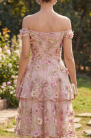 Laden Sie das Bild in den Galerie-Viewer, Rosa fuchsiafarbenes A-Linien-Tüll-Off-the-shoulder-Appliquiertes florales Midi-Kleid