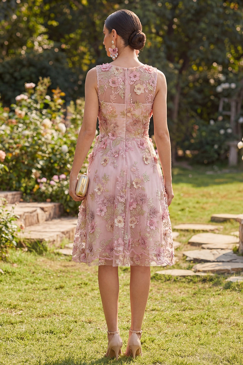 Laden Sie das Bild in den Galerie-Viewer, A-Linie Tüllrosa Fuchsia-V-Ausschnitt-Applikationskleid im floralen Midi-Kleid