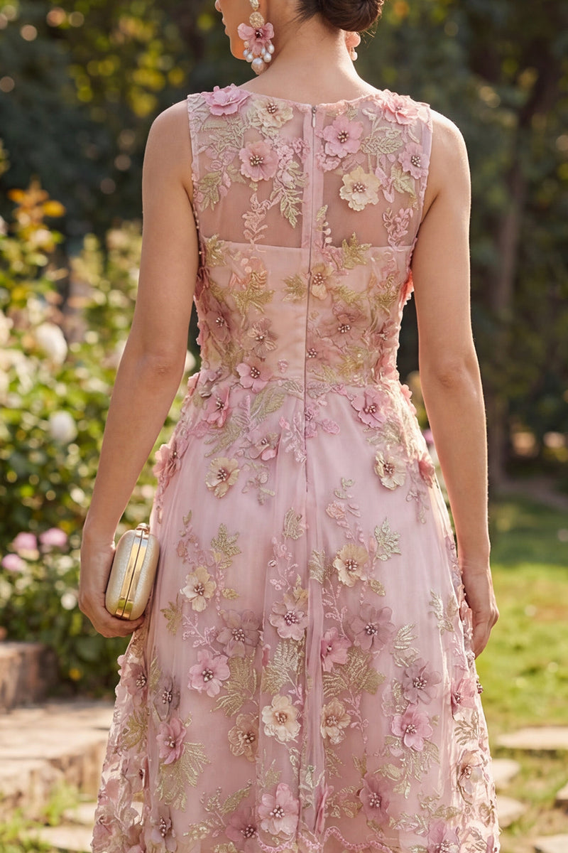 Laden Sie das Bild in den Galerie-Viewer, A-Linie Tüllrosa Fuchsia-V-Ausschnitt-Applikationskleid im floralen Midi-Kleid
