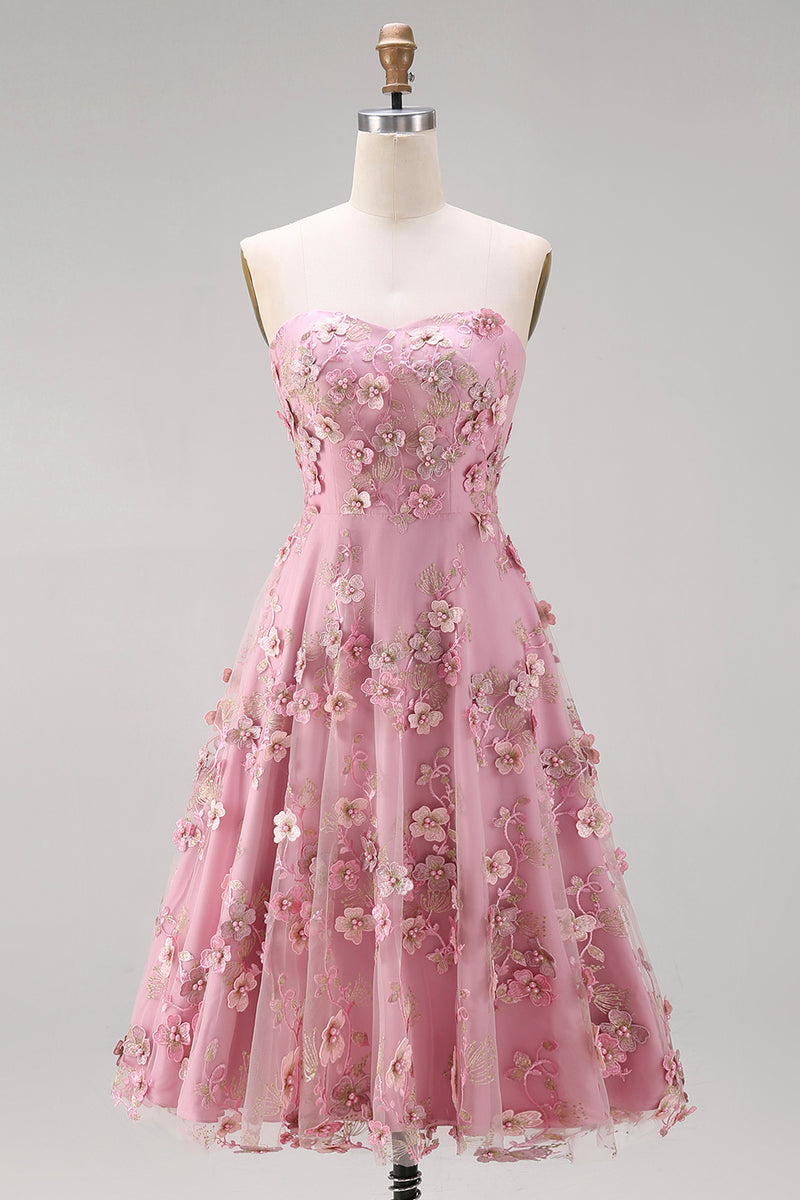 Laden Sie das Bild in den Galerie-Viewer, A-Line Tüll-Sweetheart Pink-Fuchsia-Applikiertes Blumen-Midi-Kleid