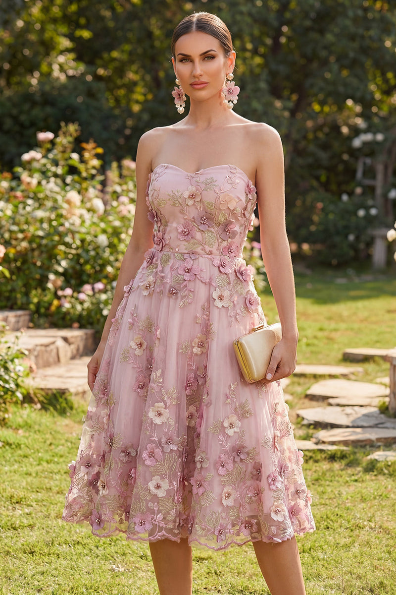 Laden Sie das Bild in den Galerie-Viewer, A-Line Tüll-Sweetheart Pink-Fuchsia-Applikiertes Blumen-Midi-Kleid