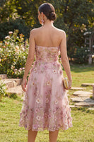 Laden Sie das Bild in den Galerie-Viewer, A-Line Tüll-Sweetheart Pink-Fuchsia-Applikiertes Blumen-Midi-Kleid