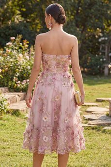 A-Line Tüll-Sweetheart Pink-Fuchsia-Applikiertes Blumen-Midi-Kleid