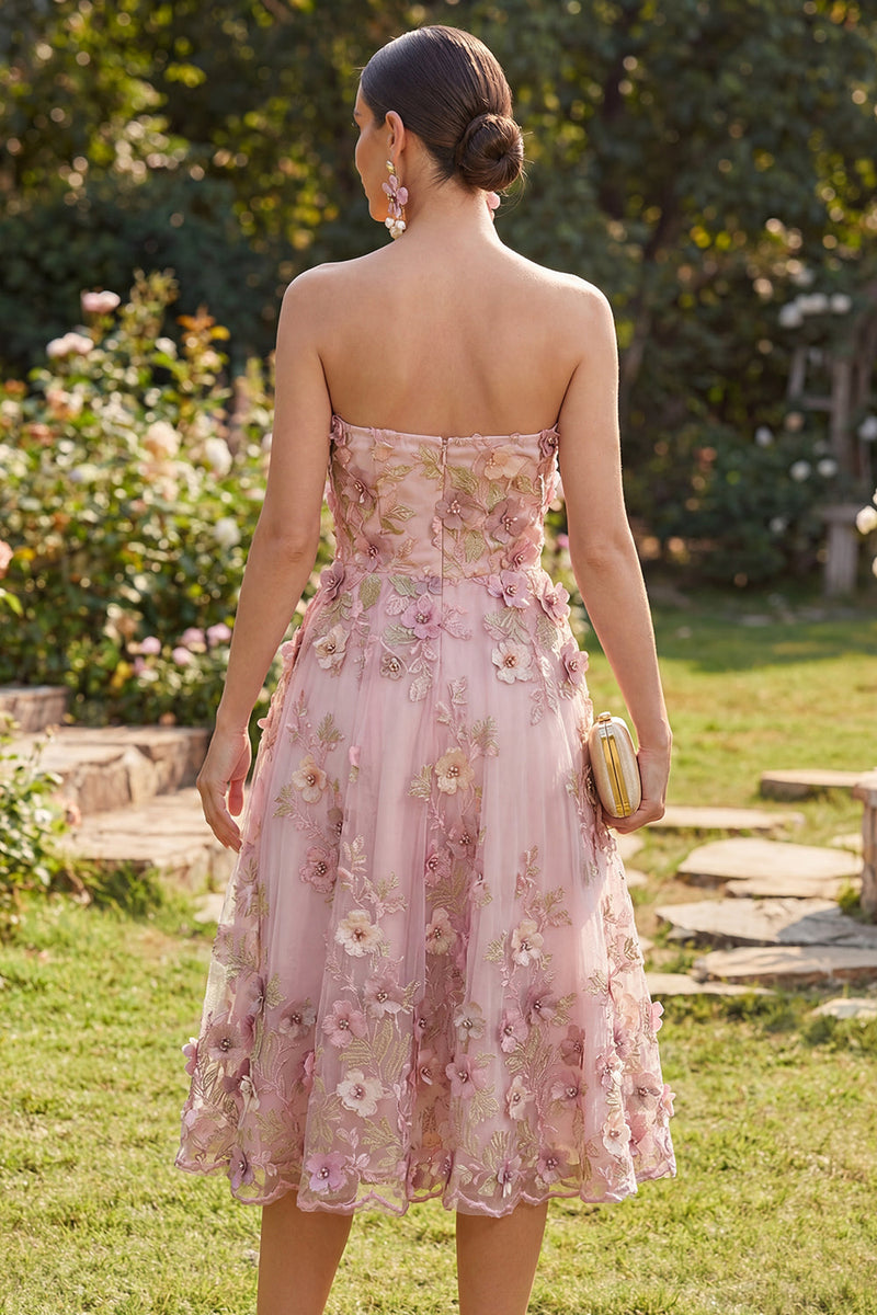 Laden Sie das Bild in den Galerie-Viewer, A-Line Tüll-Sweetheart Pink-Fuchsia-Applikiertes Blumen-Midi-Kleid