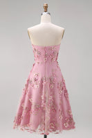 Laden Sie das Bild in den Galerie-Viewer, A-Line Tüll-Sweetheart Pink-Fuchsia-Applikiertes Blumen-Midi-Kleid