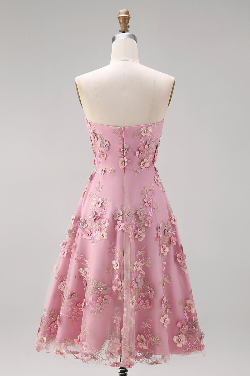 Laden Sie das Bild in den Galerie-Viewer, A-Line Tüll-Sweetheart Pink-Fuchsia-Applikiertes Blumen-Midi-Kleid