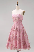 Laden Sie das Bild in den Galerie-Viewer, A-Line Tüll-Sweetheart Pink-Fuchsia-Applikiertes Blumen-Midi-Kleid
