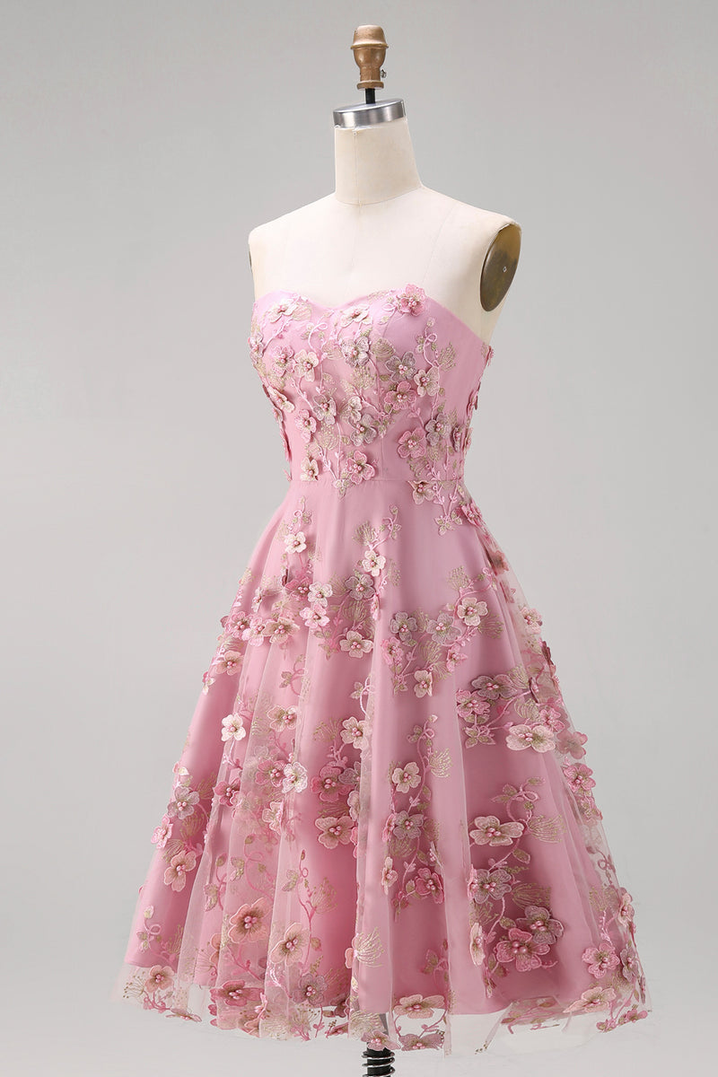 Laden Sie das Bild in den Galerie-Viewer, A-Line Tüll-Sweetheart Pink-Fuchsia-Applikiertes Blumen-Midi-Kleid