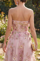 Laden Sie das Bild in den Galerie-Viewer, A-Line Tüll-Sweetheart Pink-Fuchsia-Applikiertes Blumen-Midi-Kleid