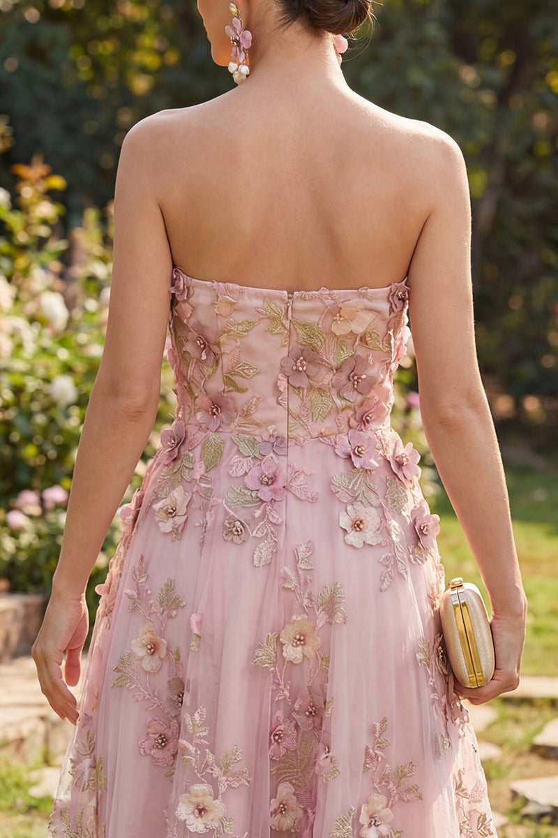 Laden Sie das Bild in den Galerie-Viewer, A-Line Tüll-Sweetheart Pink-Fuchsia-Applikiertes Blumen-Midi-Kleid