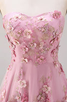 Laden Sie das Bild in den Galerie-Viewer, A-Line Tüll-Sweetheart Pink-Fuchsia-Applikiertes Blumen-Midi-Kleid