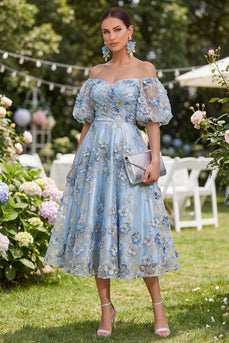 Off-the-shoulder A-Linie Tüllblau appliquiertes, gerafftes Blumen-Midi-Kleid