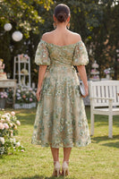 Laden Sie das Bild in den Galerie-Viewer, Off-the-shoulder A-Linie Tüllblau appliquiertes, gerafftes Blumen-Midi-Kleid