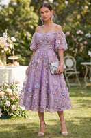 Laden Sie das Bild in den Galerie-Viewer, Off-the-shoulder A-Linie Tüllblau appliquiertes, gerafftes Blumen-Midi-Kleid