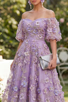 Laden Sie das Bild in den Galerie-Viewer, Off-the-shoulder A-Linie Tüllblau appliquiertes, gerafftes Blumen-Midi-Kleid