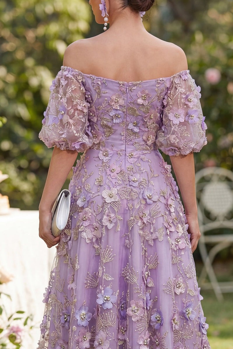 Laden Sie das Bild in den Galerie-Viewer, Off-the-shoulder A-Linie Tüllblau appliquiertes, gerafftes Blumen-Midi-Kleid