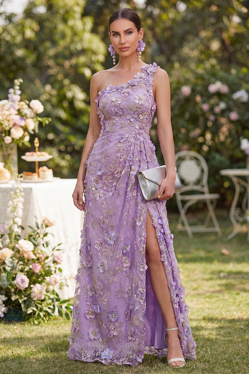 Laden Sie das Bild in den Galerie-Viewer, Meerjungfrauen-Tüll-Flieder, einschulter-appliquiertes, gerafftes, langes Blumenkleid mit Schlitz
