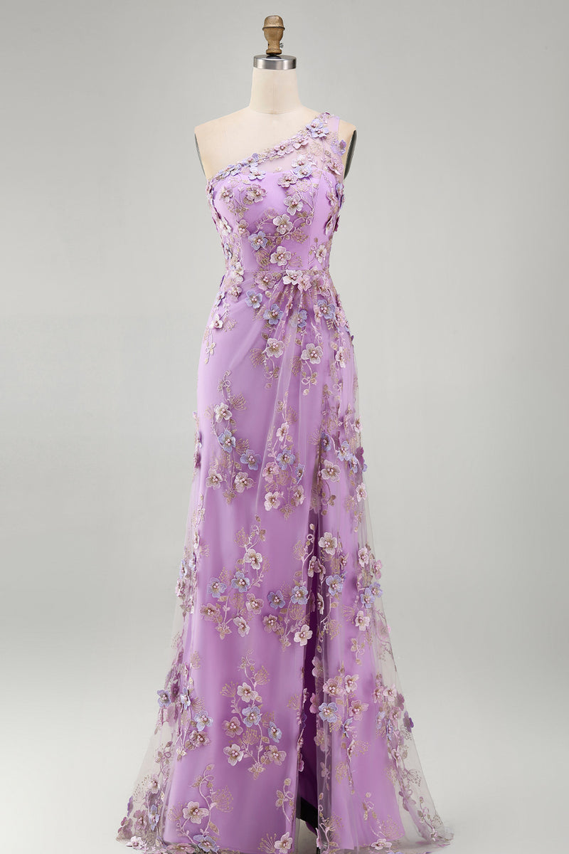 Laden Sie das Bild in den Galerie-Viewer, Meerjungfrauen-Tüll-Flieder, einschulter-appliquiertes, gerafftes, langes Blumenkleid mit Schlitz