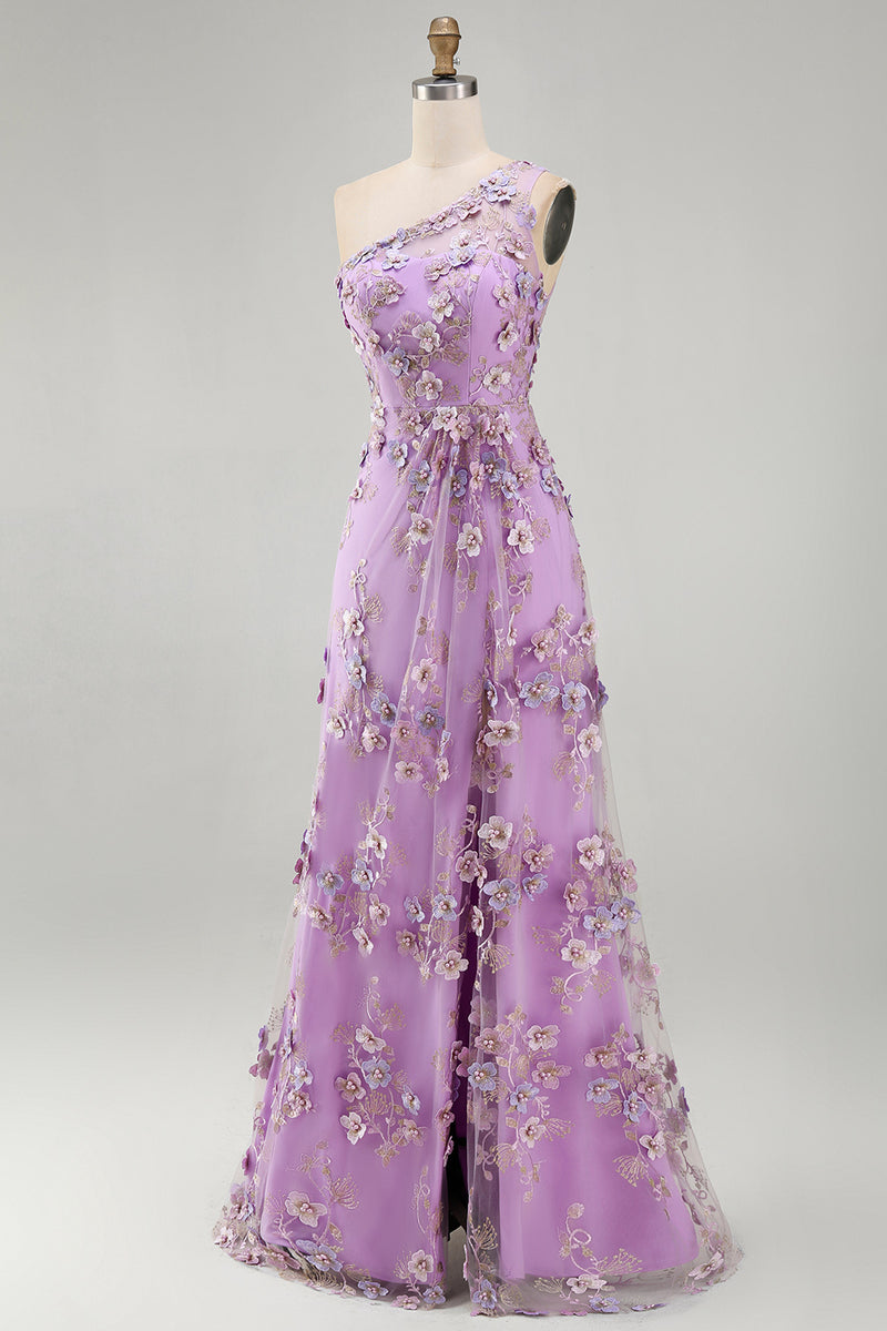 Laden Sie das Bild in den Galerie-Viewer, Meerjungfrauen-Tüll-Flieder, einschulter-appliquiertes, gerafftes, langes Blumenkleid mit Schlitz