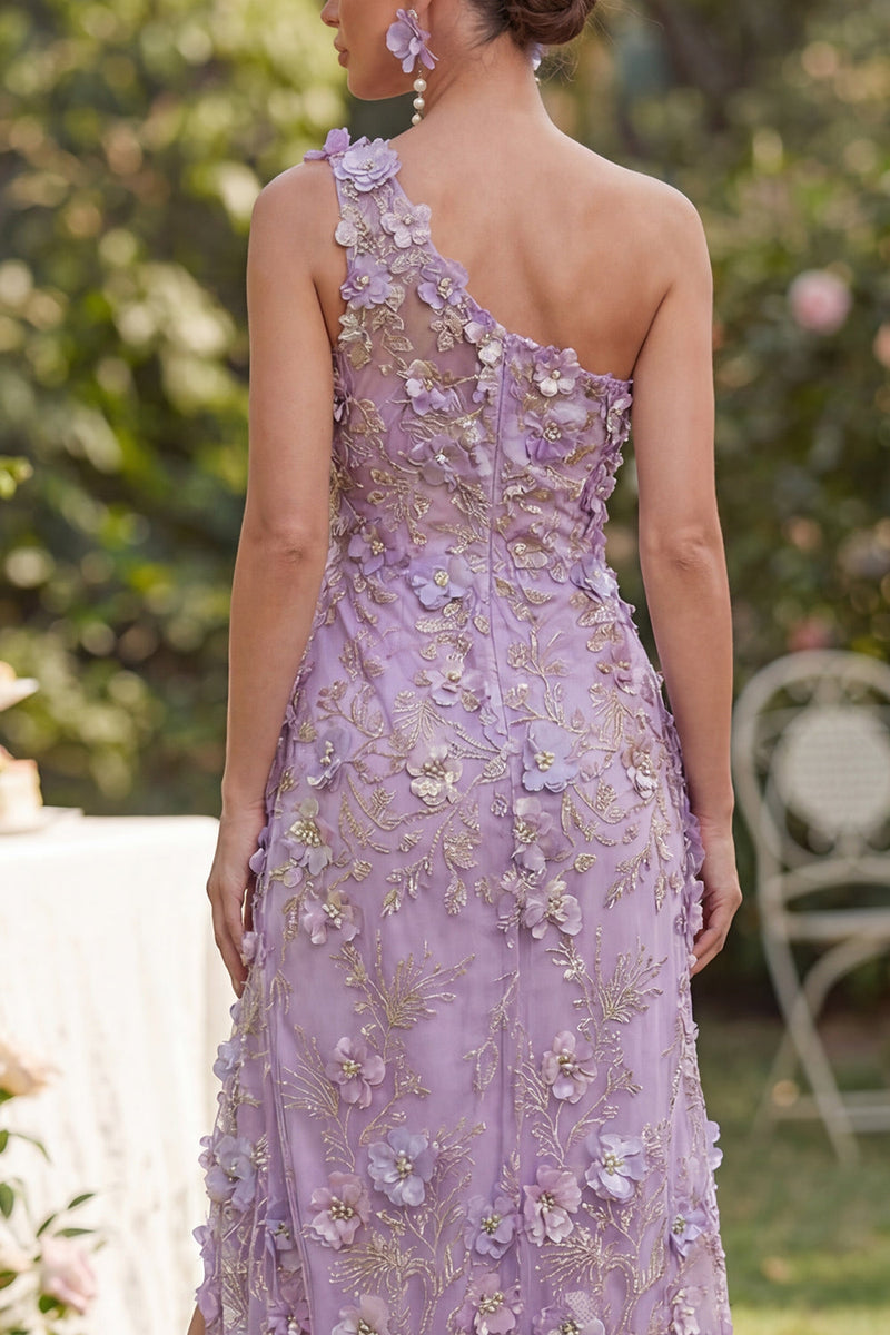 Laden Sie das Bild in den Galerie-Viewer, Meerjungfrauen-Tüll-Flieder, einschulter-appliquiertes, gerafftes, langes Blumenkleid mit Schlitz