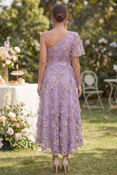 Tülllila-A-Linie einschulter-appliquiertes Midi-Blumenkleid mit Schleife
