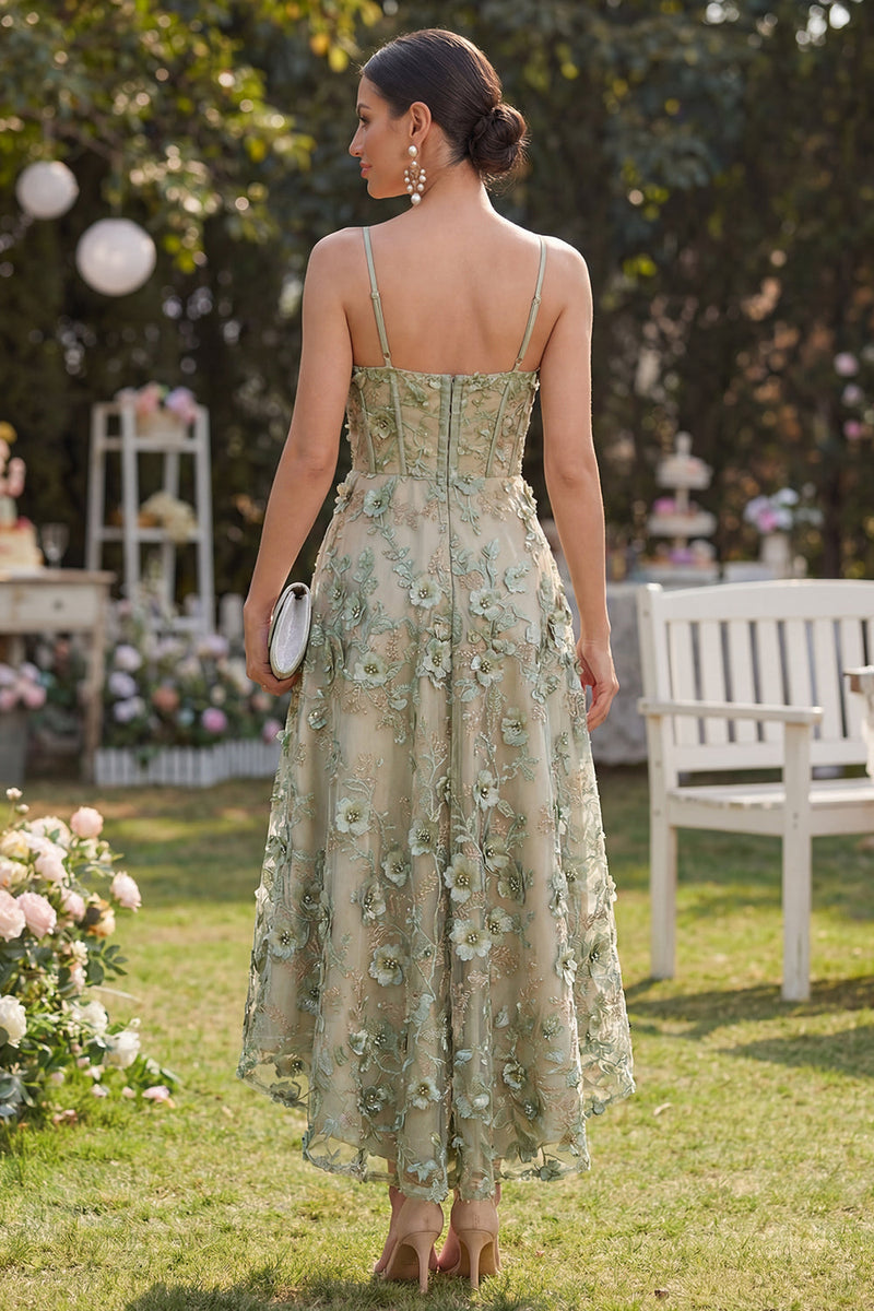 Laden Sie das Bild in den Galerie-Viewer, Tulle Dusty Green A-Line Appliqued Corset mit Midi-Blumen