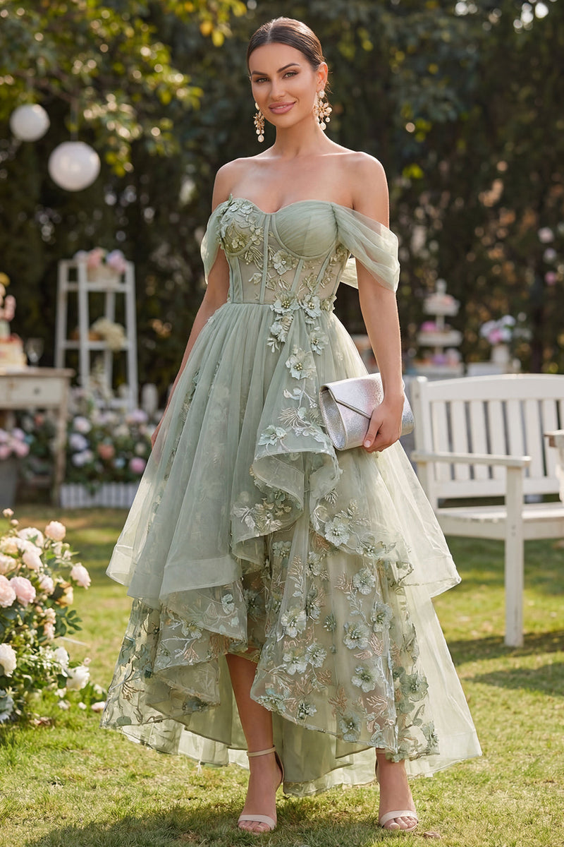 Laden Sie das Bild in den Galerie-Viewer, Off-the-shoulder Organza Dusty Green A-Line-Korsett-Midi-Blumenkleid mit Applikation