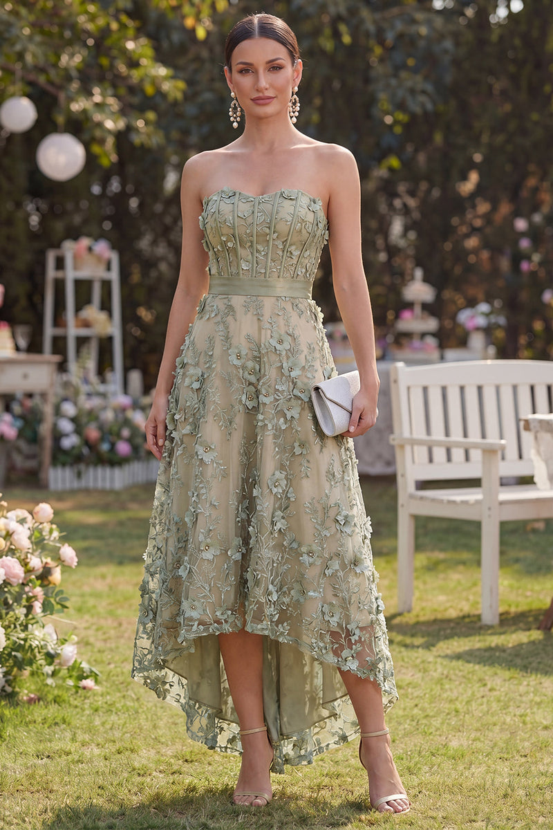 Laden Sie das Bild in den Galerie-Viewer, Staubiges grünes A-Linien-Tuld-Lackiertes Korsett-Midi-Blumenkleid