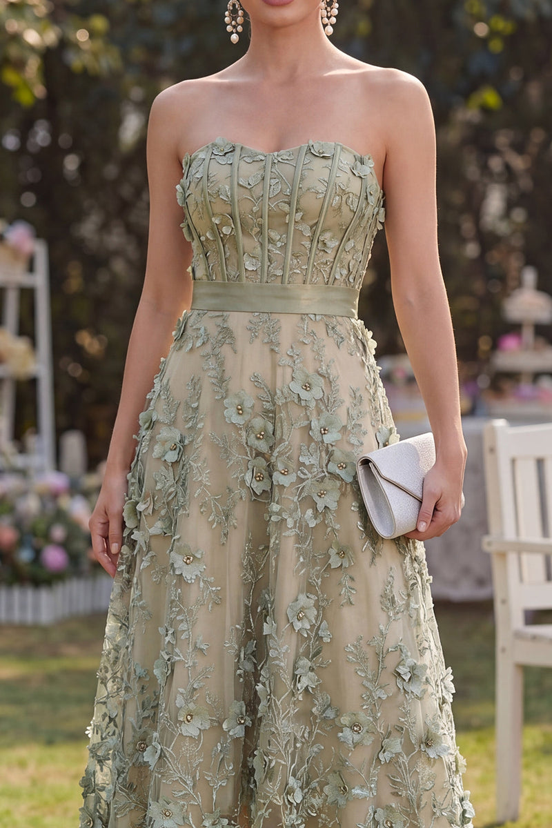 Laden Sie das Bild in den Galerie-Viewer, Staubiges grünes A-Linien-Tuld-Lackiertes Korsett-Midi-Blumenkleid