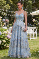 Laden Sie das Bild in den Galerie-Viewer, Blaues, A-Linien-Tüll-Applikationskleid, gerafftes langes Blumenkleid