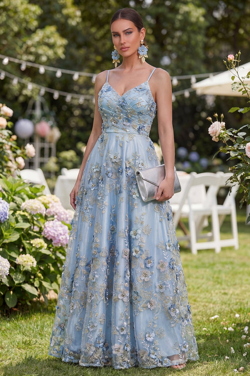 Laden Sie das Bild in den Galerie-Viewer, Blaues, A-Linien-Tüll-Applikationskleid, gerafftes langes Blumenkleid