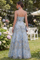 Laden Sie das Bild in den Galerie-Viewer, Blaues, A-Linien-Tüll-Applikationskleid, gerafftes langes Blumenkleid