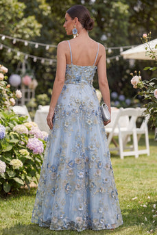 Blaues, A-Linien-Tüll-Applikationskleid, gerafftes langes Blumenkleid