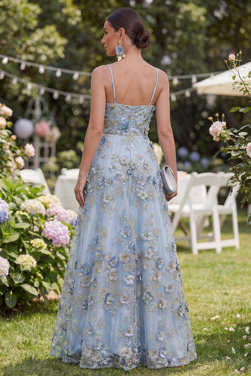 Laden Sie das Bild in den Galerie-Viewer, Blaues, A-Linien-Tüll-Applikationskleid, gerafftes langes Blumenkleid