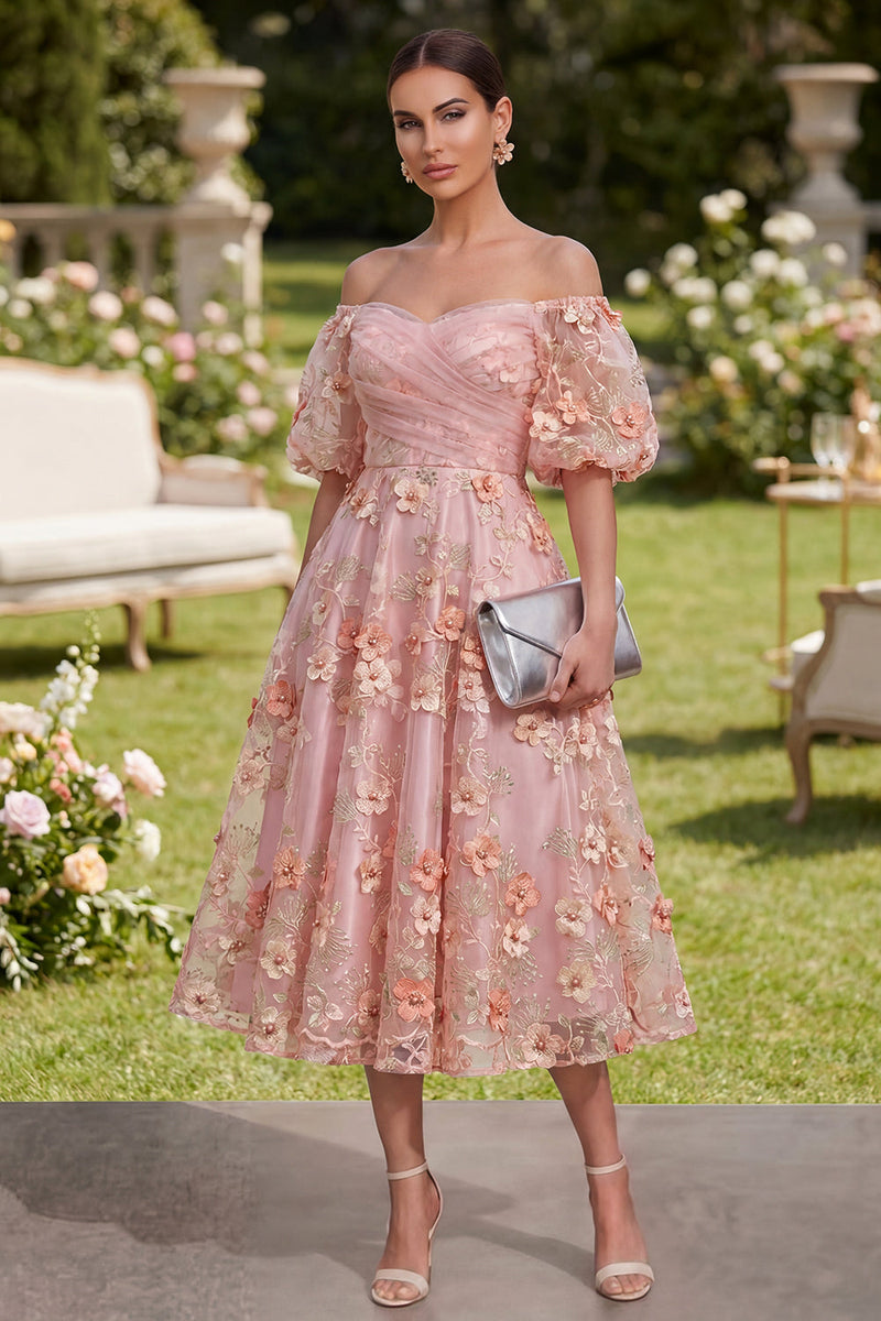 Laden Sie das Bild in den Galerie-Viewer, Pink-Orange-Off-the-shoulder A-Linie Tüll-Applikationskleid, gerafftes Midi-Blumenkleid