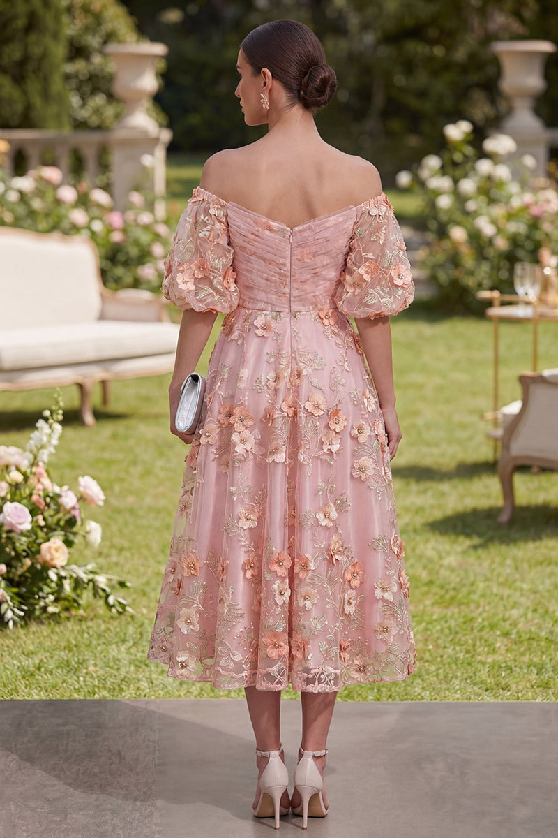 Laden Sie das Bild in den Galerie-Viewer, Pink-Orange-Off-the-shoulder A-Linie Tüll-Applikationskleid, gerafftes Midi-Blumenkleid