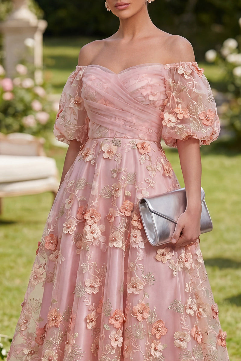 Laden Sie das Bild in den Galerie-Viewer, Pink-Orange-Off-the-shoulder A-Linie Tüll-Applikationskleid, gerafftes Midi-Blumenkleid