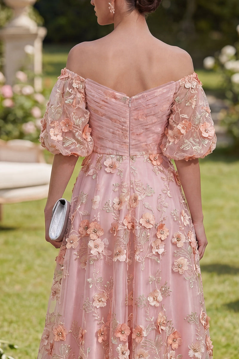 Laden Sie das Bild in den Galerie-Viewer, Pink-Orange-Off-the-shoulder A-Linie Tüll-Applikationskleid, gerafftes Midi-Blumenkleid