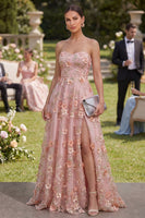 Laden Sie das Bild in den Galerie-Viewer, Sweetheart Pink, orangefarbenes A-Linien-Tüll-Applikationskleid, langes Blumenkleid mit Perlen und Schlitz