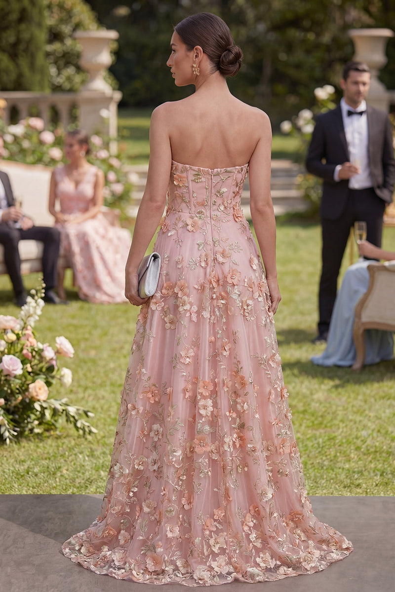 Laden Sie das Bild in den Galerie-Viewer, Sweetheart Pink, orangefarbenes A-Linien-Tüll-Applikationskleid, langes Blumenkleid mit Perlen und Schlitz