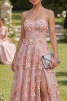 Laden Sie das Bild in den Galerie-Viewer, Sweetheart Pink, orangefarbenes A-Linien-Tüll-Applikationskleid, langes Blumenkleid mit Perlen und Schlitz