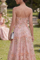Laden Sie das Bild in den Galerie-Viewer, Sweetheart Pink, orangefarbenes A-Linien-Tüll-Applikationskleid, langes Blumenkleid mit Perlen und Schlitz